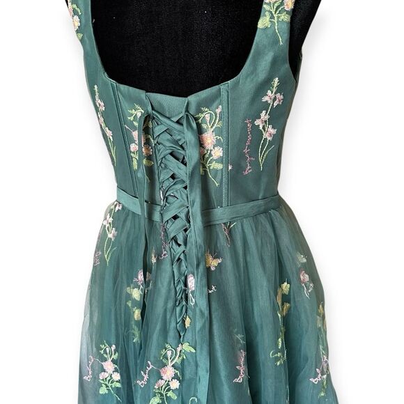 Corset Floral Embroidered Green Ruched Layered Tulle Flower  Midi Prom Dress - Picture 6 of 13
